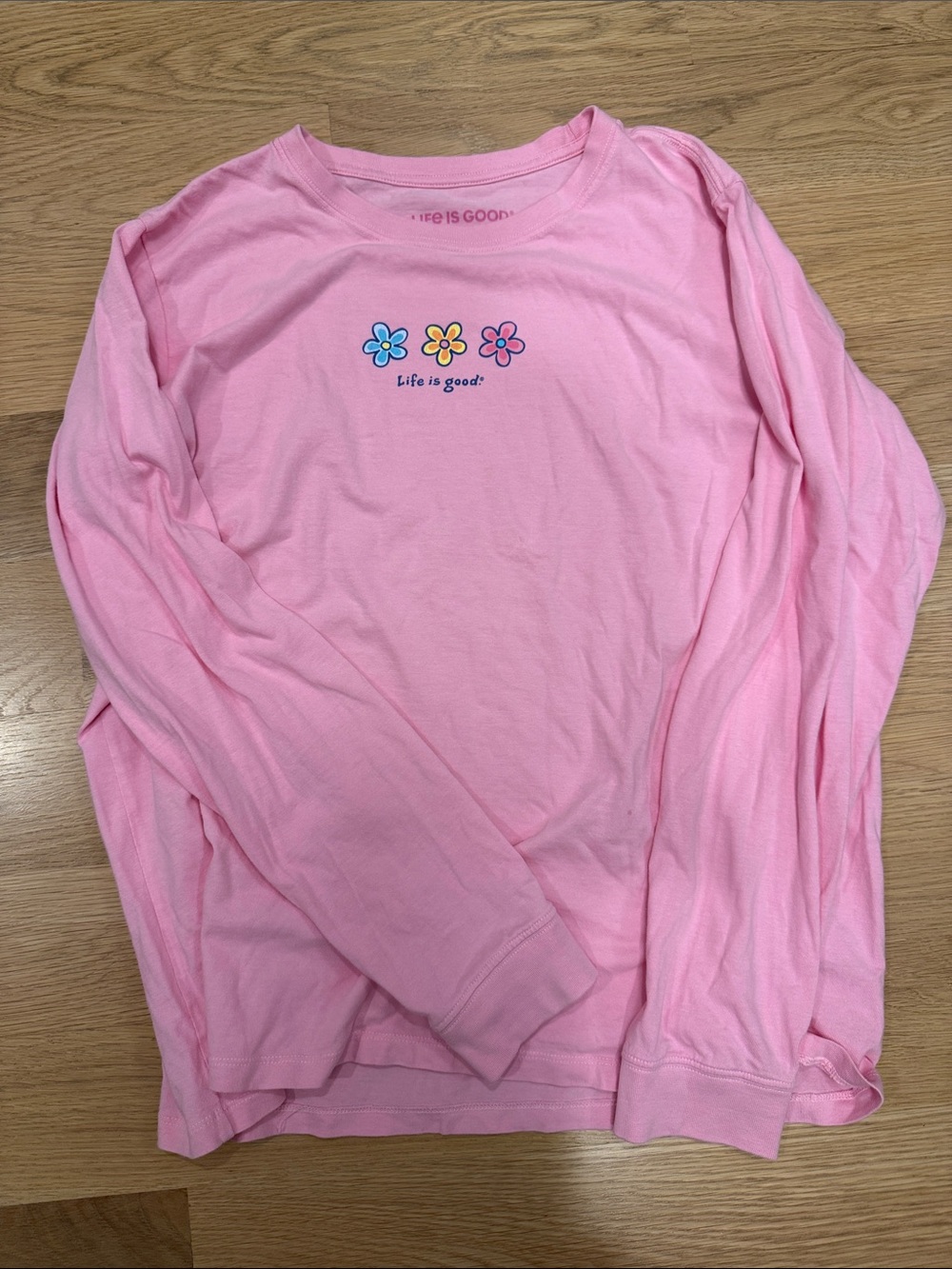 Life Is Good Light Pink Long Sleeve Tee with Three Flower Motif Womens XL